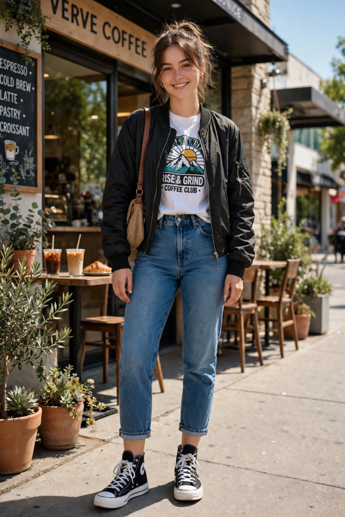 Casual street style jeans and sneakers outfit ideas featuring medium-wash cropped jeans, black high-top canvas sneakers, a graphic tee, and a black bomber jacket.   