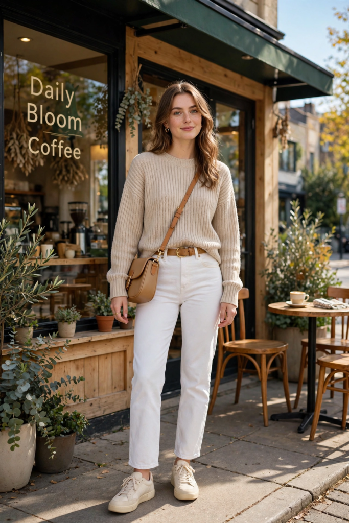Cozy neutral jeans and sneakers outfit ideas featuring high-waisted white straight-leg jeans, off-white leather sneakers, a beige ribbed knit sweater, and a tan leather crossbody bag.   