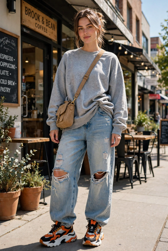 Casual street style jeans and sneakers outfit ideas featuring baggy ripped light-wash denim, chunky orange and black platform sneakers, an oversized grey sweatshirt, and a tan crossbody bag.   