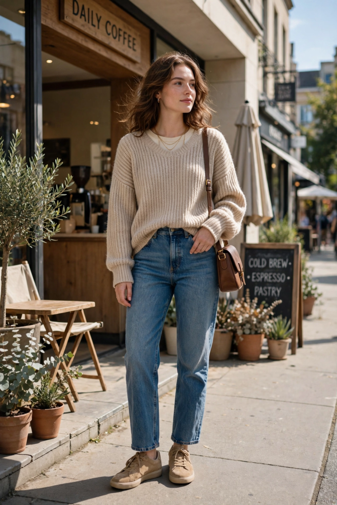 Cozy fall jeans and sneakers outfit ideas featuring high-waisted blue straight-leg jeans, tan suede sneakers, a ribbed beige knit sweater, and a brown leather crossbody bag.   