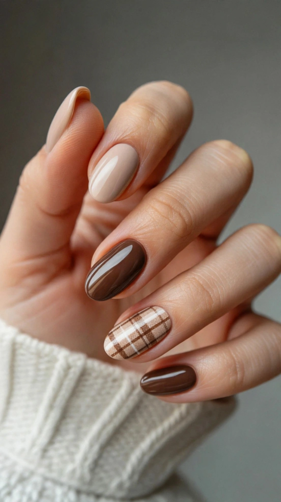 Fall nail inspo 2026 featuring glossy chocolate brown and nude almond nails with a cozy plaid accent nail.