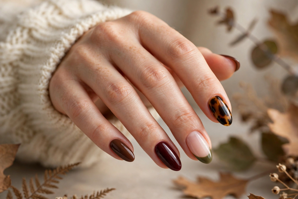 Fall nail inspo 2026 featuring glossy almond nails with tortoiseshell nail art, olive green French tips, deep burgundy, and chocolate brown polish.