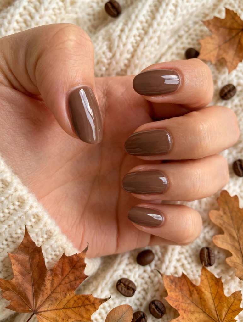 Fall nail inspo 2026 featuring glossy mocha coffee brown oval nails styled with autumn leaves and coffee beans on a knit sweater.   