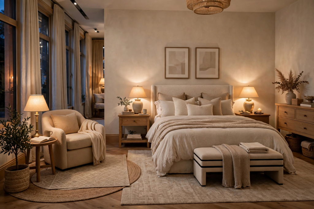 Cozy bedroom design ideas featuring an upholstered neutral bed, warm bedside lamps, an armchair seating nook, and soft layered rugs.   