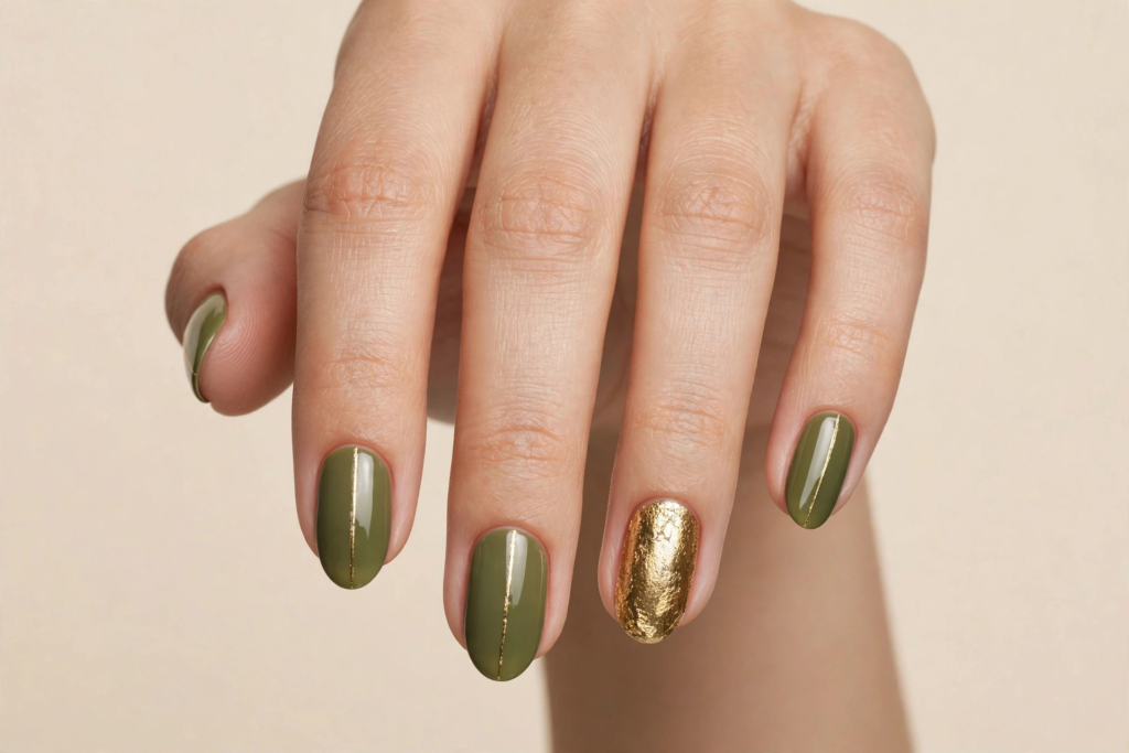 Fall nail inspo 2026 featuring glossy olive green oval nails with thin vertical gold metallic stripes and a gold foil accent nail.   