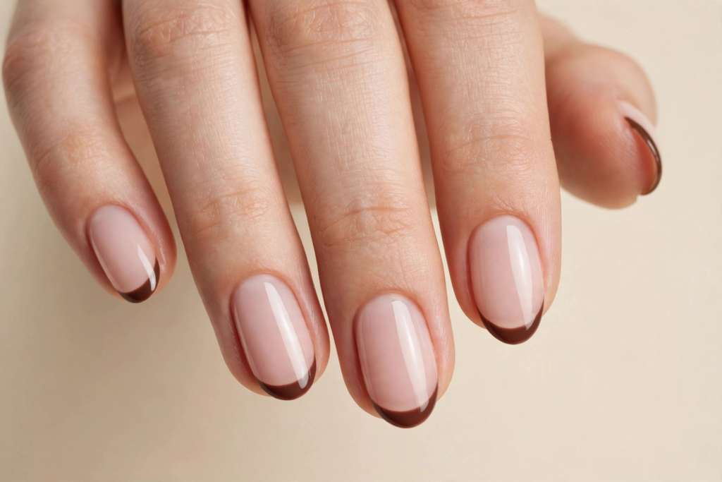 Fall nail inspo 2026 featuring minimalist sheer nude oval nails with thin dark chocolate brown French tips.   