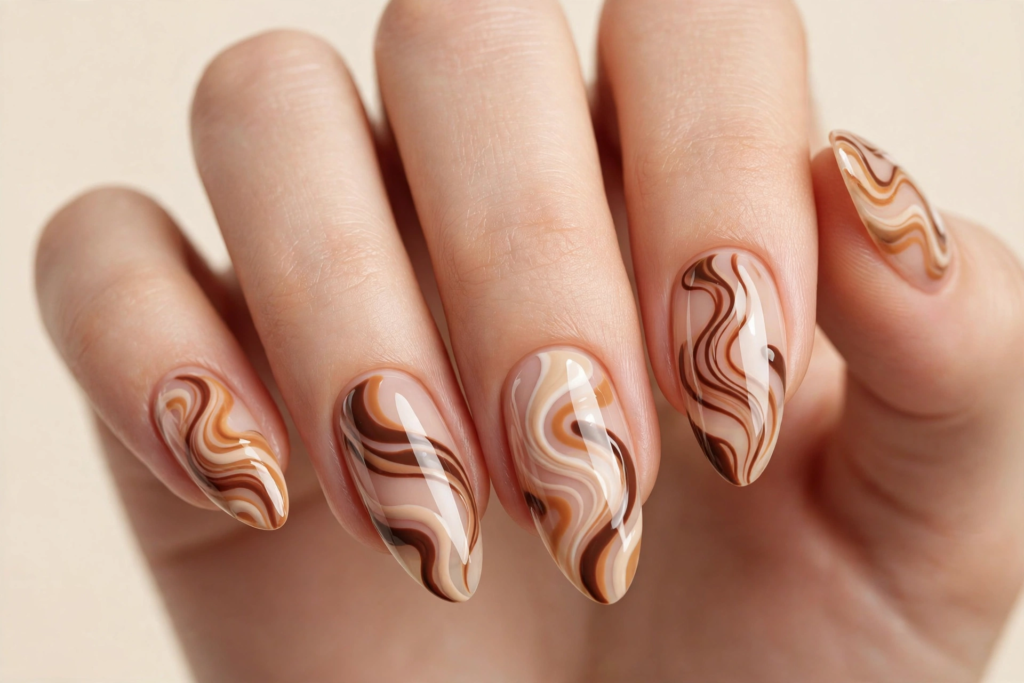 Fall nail inspo 2026 featuring glossy almond nails with retro brown, cream, and caramel swirl nail art over a sheer nude base.   