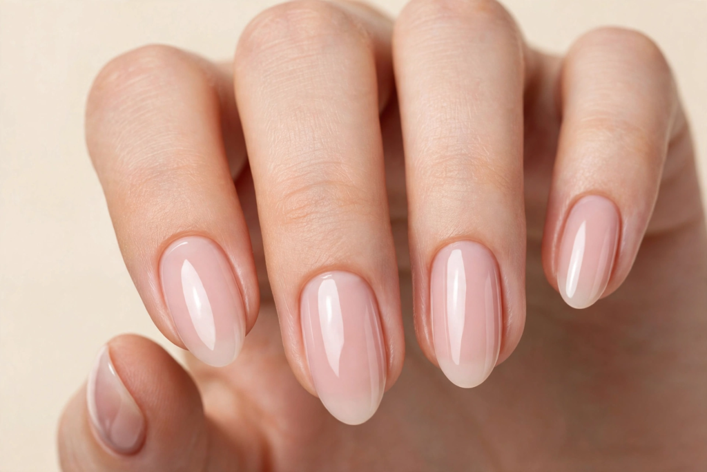 Fall nail inspo 2026 featuring minimalist glossy sheer milky pink oval nails for a clean girl aesthetic.   