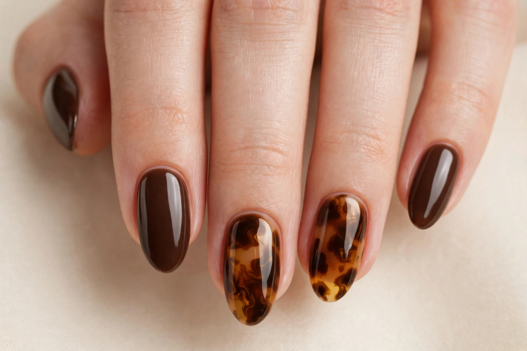 Fall nail inspo 2026 featuring glossy chocolate brown oval nails paired with amber tortoiseshell accent nail art.   
