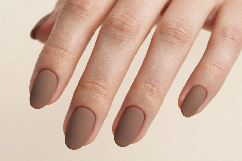 Fall nail inspo 2026 featuring solid matte taupe-brown oval nails with a smooth velvety finish.   