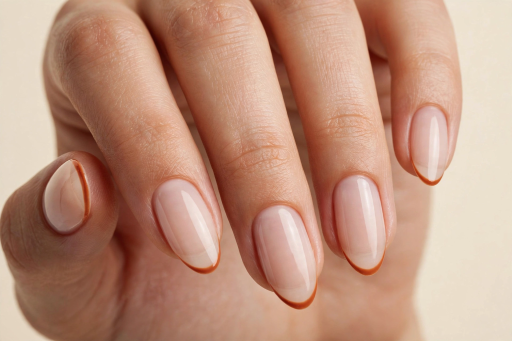 Fall nail inspo 2026 featuring glossy sheer nude oval nails with micro terracotta pumpkin spice French tips.   