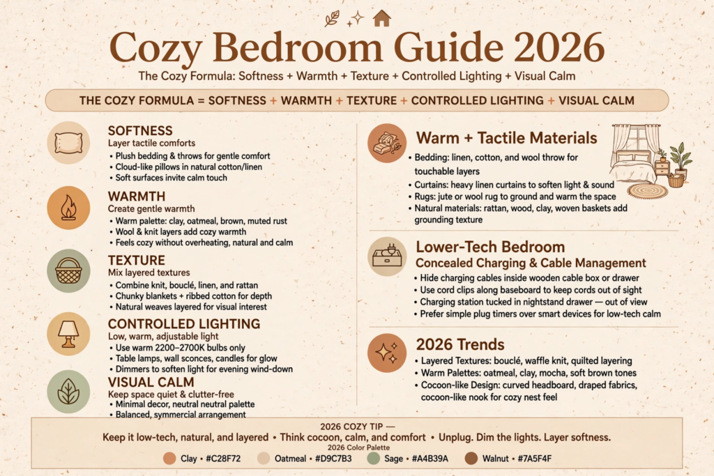 Cozy bedroom design ideas infographic featuring tips on lighting, warm tactile materials, and 2026 interior trends.   