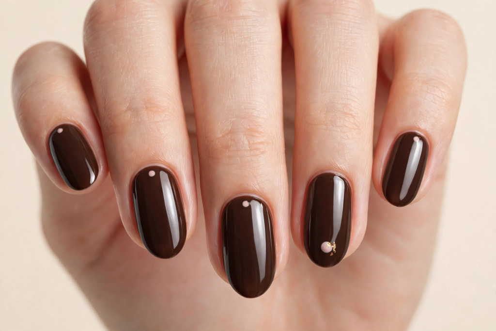 Fall nail inspo 2026 featuring glossy dark chocolate brown oval nails with minimalist dot details and a subtle gold leaf accent.   