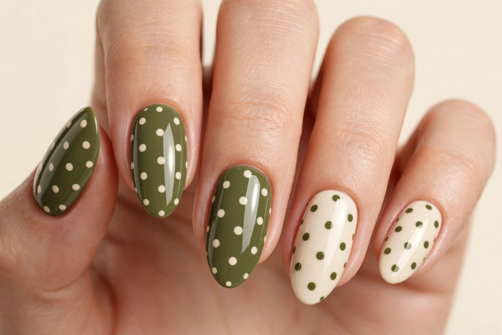 Fall nail inspo 2026 featuring glossy olive green and cream oval nails decorated with playful polka dot nail art.   