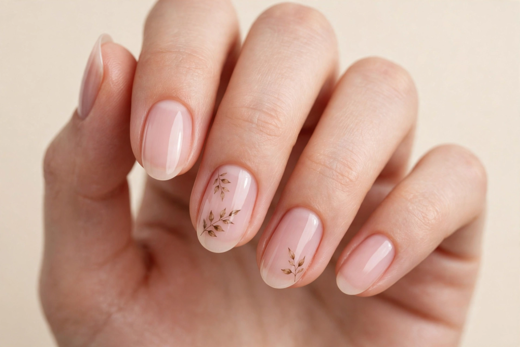Fall nail inspo 2026 featuring glossy sheer nude oval nails decorated with delicate brown botanical leaf branch accents.   