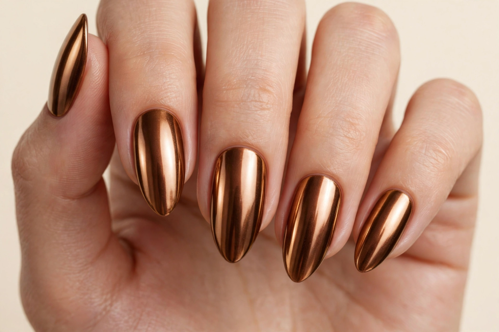 Fall nail inspo 2026 featuring almond-shaped nails with a reflective metallic bronze copper chrome mirror finish.   