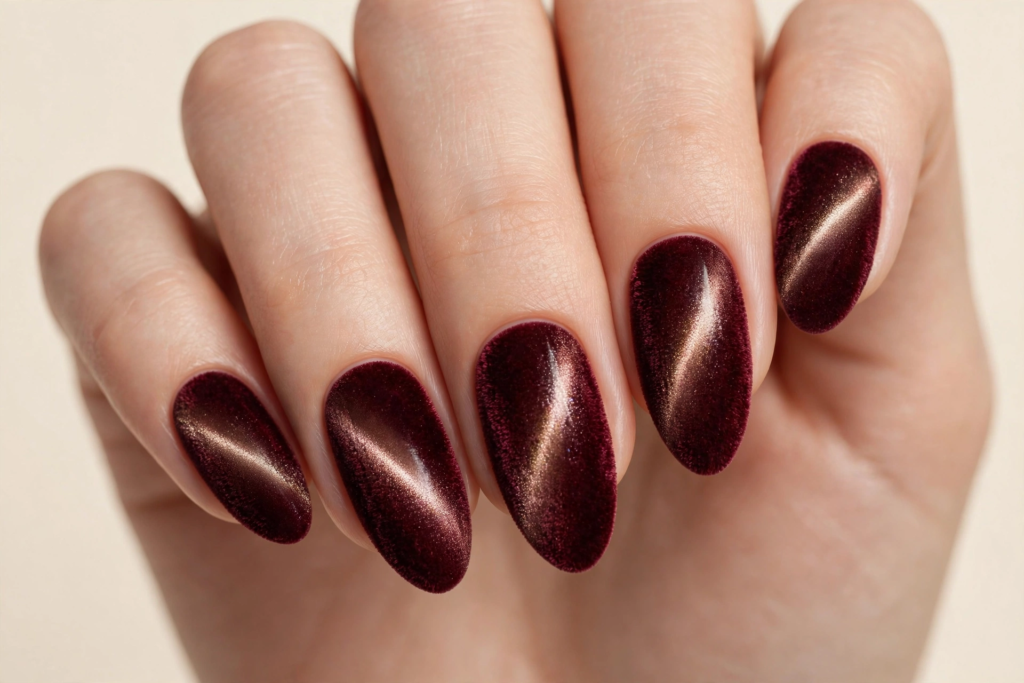 Fall nail inspo 2026 featuring almond-shaped velvet cat-eye nails in a deep wine burgundy magnetic gel finish.   