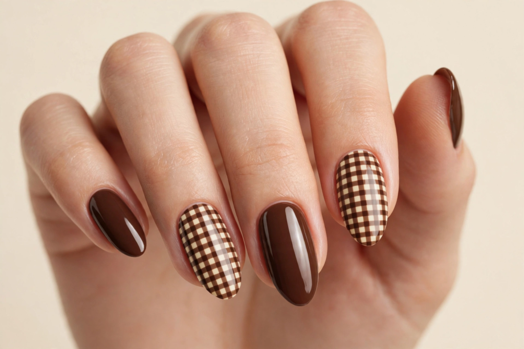 Fall nail inspo 2026 featuring glossy chocolate brown oval nails paired with cozy brown and cream gingham plaid accent nails.   
