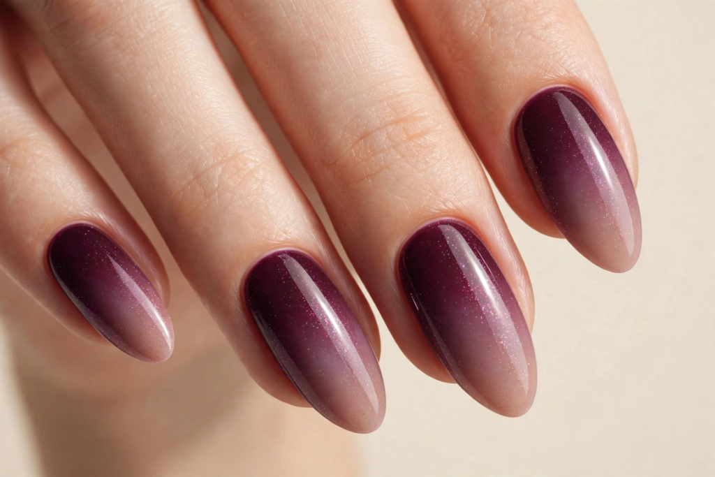 Fall nail inspo 2026 featuring glossy almond nails with a subtle shimmery deep plum to nude ombré gradient.   