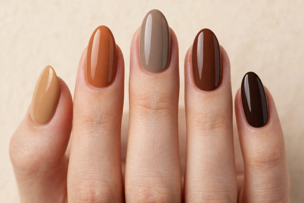 Fall nail inspo 2026 featuring glossy almond skittle nails in gradient autumn shades of warm beige, pumpkin spice, taupe, chestnut, and espresso brown.   