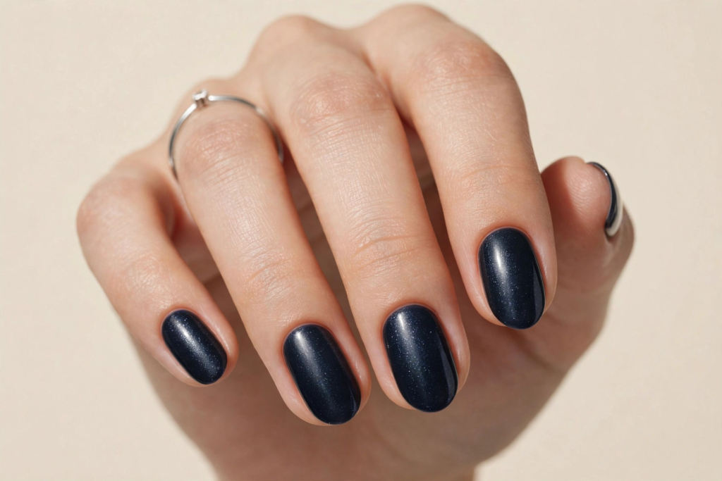 Fall nail inspo 2026 featuring glossy dark charcoal black oval nails infused with subtle celestial shimmer.   