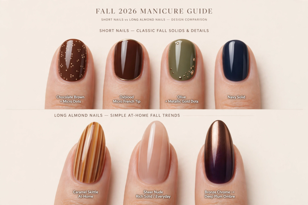 Fall nail inspo 2026 guide comparing short nail designs like micro dots and French tips to long almond trends like caramel stripes and bronze chrome ombré.   