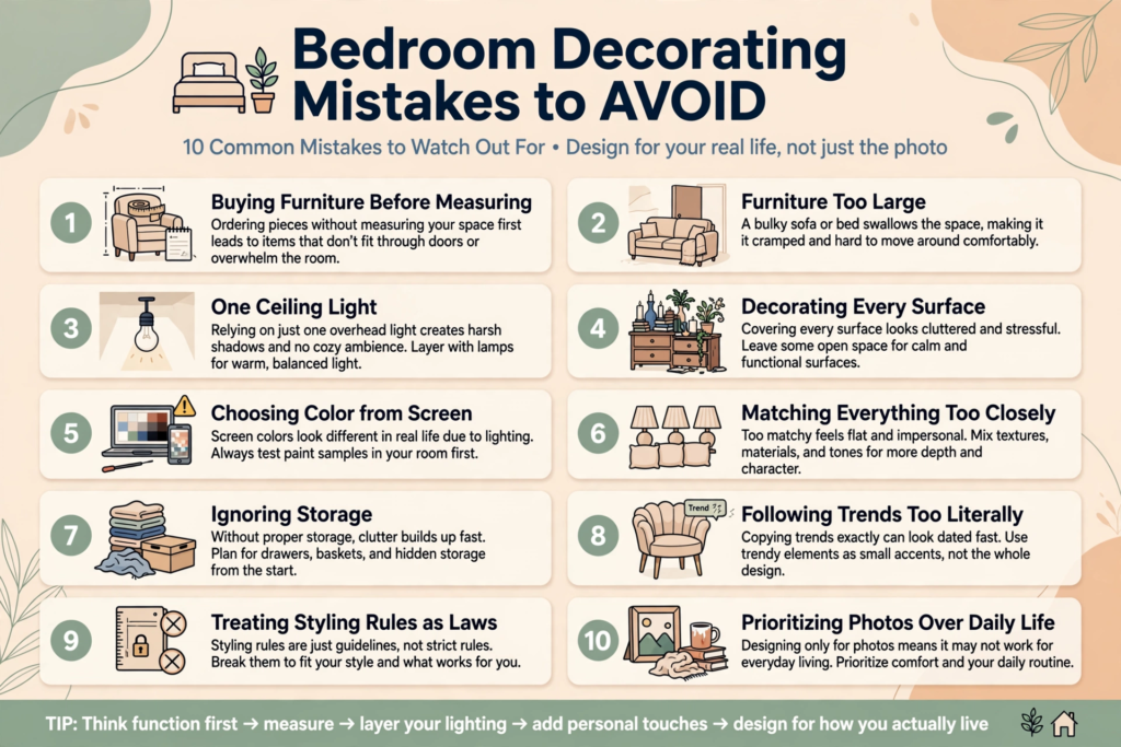 Practical bedroom design ideas infographic listing 10 common decorating mistakes to avoid, from incorrect furniture sizing to poor lighting.   