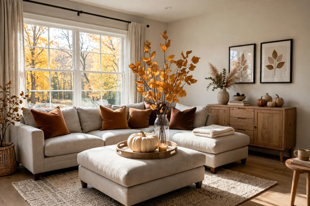 Cozy living room styled with fall home decor trends 2026, featuring a cream sectional sofa, terracotta pillows, a white pumpkin tray centerpiece, and warm autumn foliage branches.