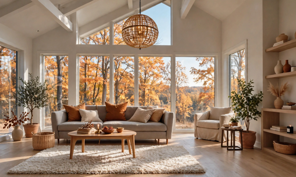 Bright, high-ceiling living room styled with fall home decor trends 2026, featuring large scenic autumn forest windows, a woven globe chandelier, and warm rust-toned cushions.   