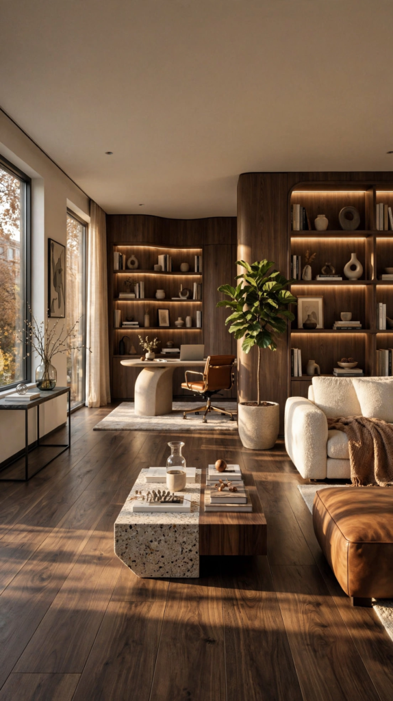 Luxurious home office and living space embracing fall home decor trends 2026 with rich wood wall paneling, warm integrated shelf lighting, and a modern sculptural desk.   