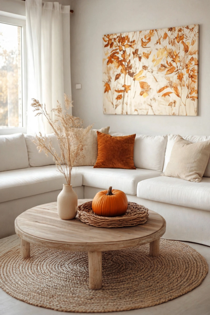 Minimalist living room styled with fall home decor trends 2026, featuring a white sectional sofa, round wooden coffee table, woven tray with an orange pumpkin, and autumn wall art.   