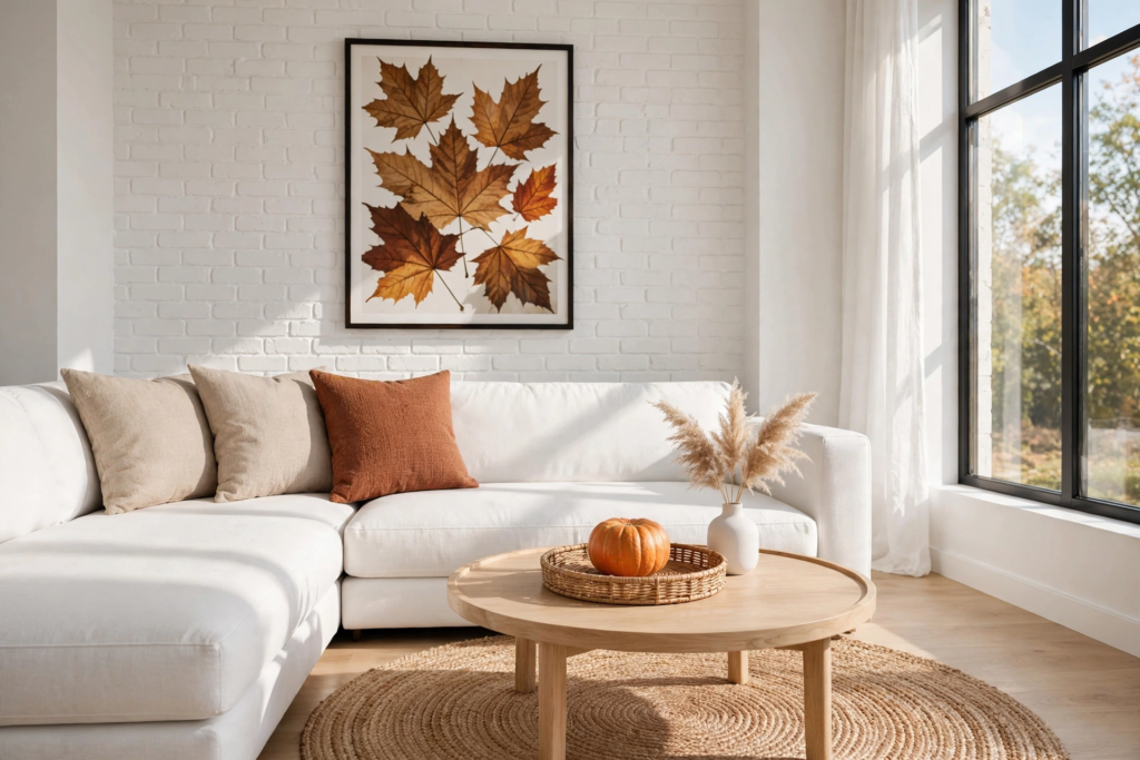 Bright, modern living room styled with fall home decor trends 2026, featuring a white sectional against a white brick wall, an autumn leaf art print, and a pumpkin table centerpiece.   
