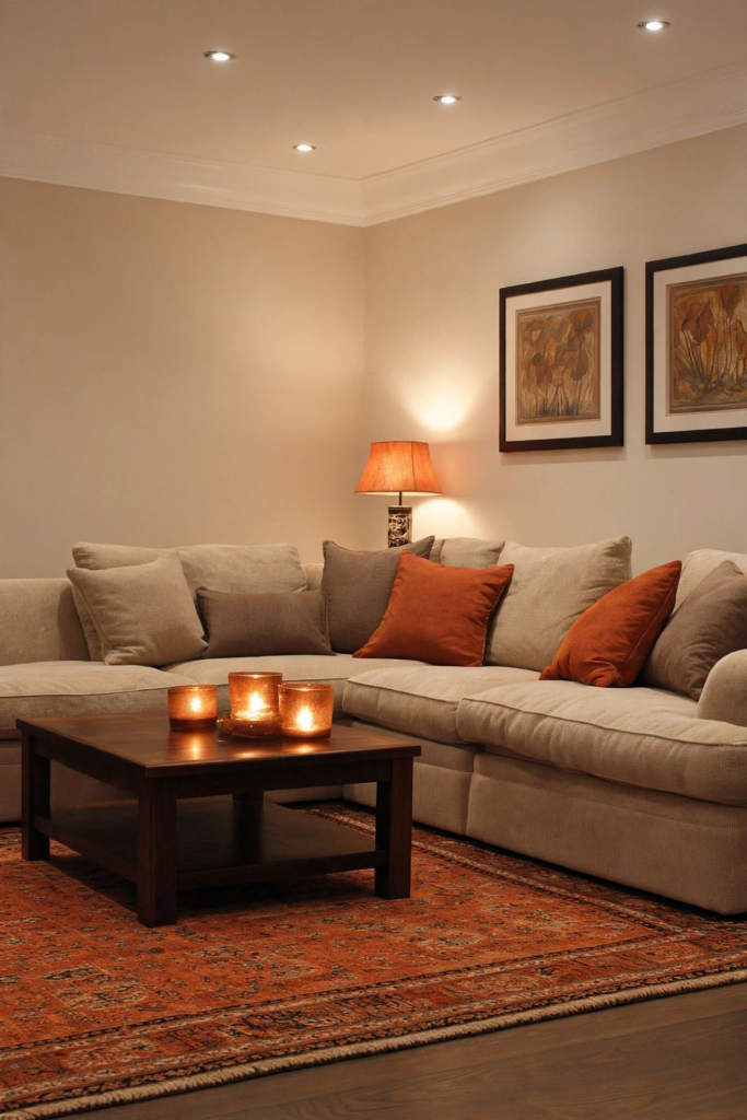 Warm, cozy living room embracing fall home decor trends 2026 with a beige sectional, rust accent pillows, amber candlelight, and a vintage Persian area rug.   
