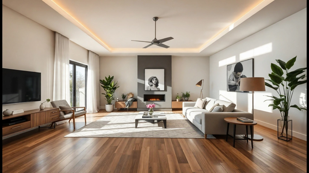 Spacious contemporary living room styled with fall home decor trends 2026, featuring warm wood floors, a glowing linear fireplace, and ambient cove ceiling lighting.   
