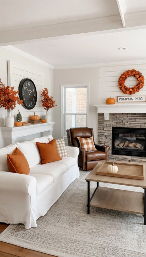 Cozy farmhouse living room styled with fall home decor trends 2026, featuring a white slipcovered couch, stone fireplace, orange wreath, and pumpkin accents.   