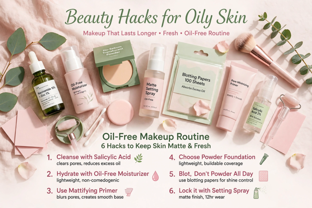 Infographic showing beauty hacks for oily skin titled "Oil-Free Makeup Routine," featuring skincare and makeup products alongside a 6-step matte skin guide.
