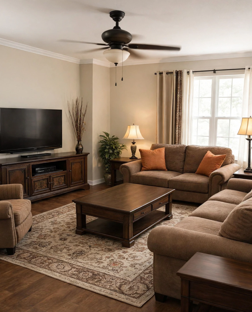 Cozy, warm living room styled with fall home decor trends 2026, featuring brown plush sofas, burnt orange accent pillows, a dark wood coffee table, and rich copper drapes.   