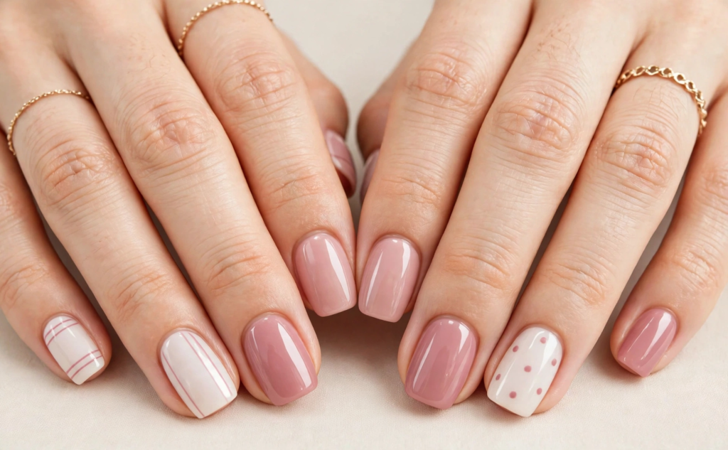 Short nail inspo 2026 featuring glossy nude-pink square nails with minimalist white accent stripes and subtle polka dots.
