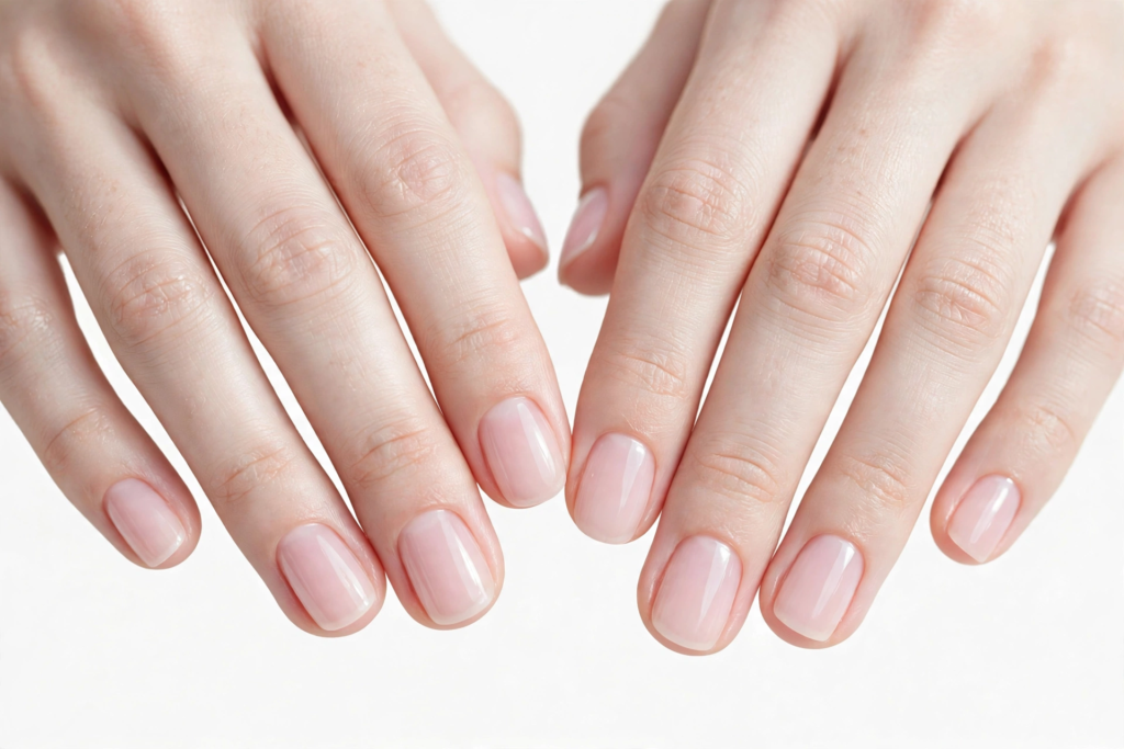 Short nail inspo 2026 showing clean, natural bare square nails with a high-shine clear gloss finish.