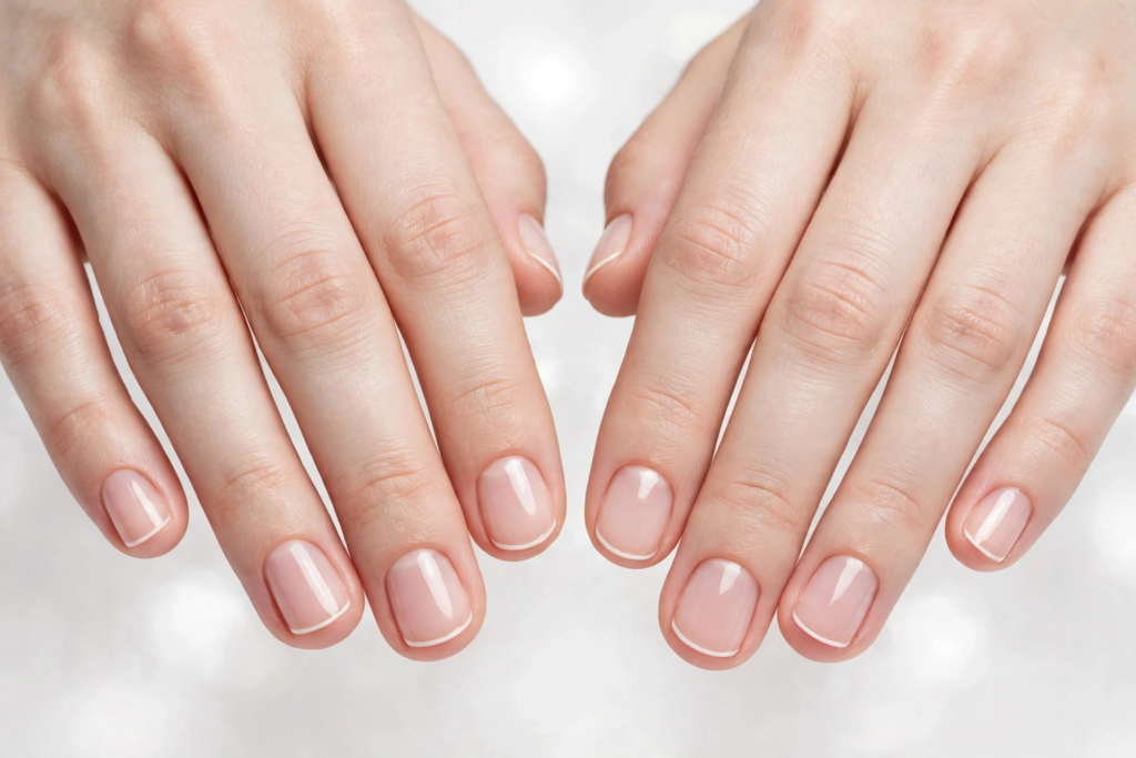 Short nail inspo 2026 featuring a micro French tip manicure on glossy sheer pink rounded-square nails.