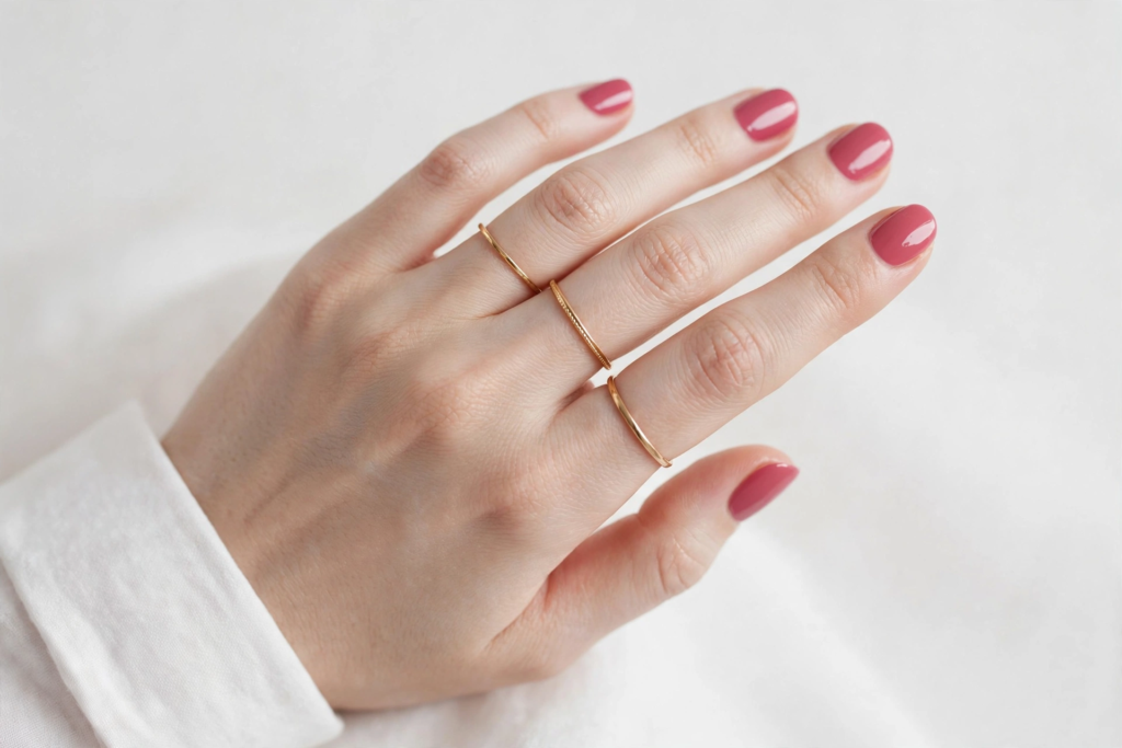 Short nail inspo 2026 featuring glossy dusty rose pink polish on neatly shaped short oval nails with dainty gold rings.