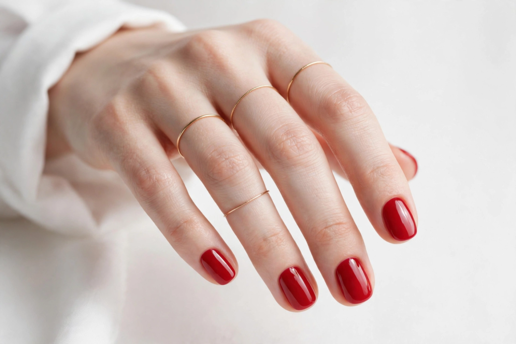 Short nail inspo 2026 showing classic glossy cherry red gel polish on neat short oval-round nails with delicate gold rings.