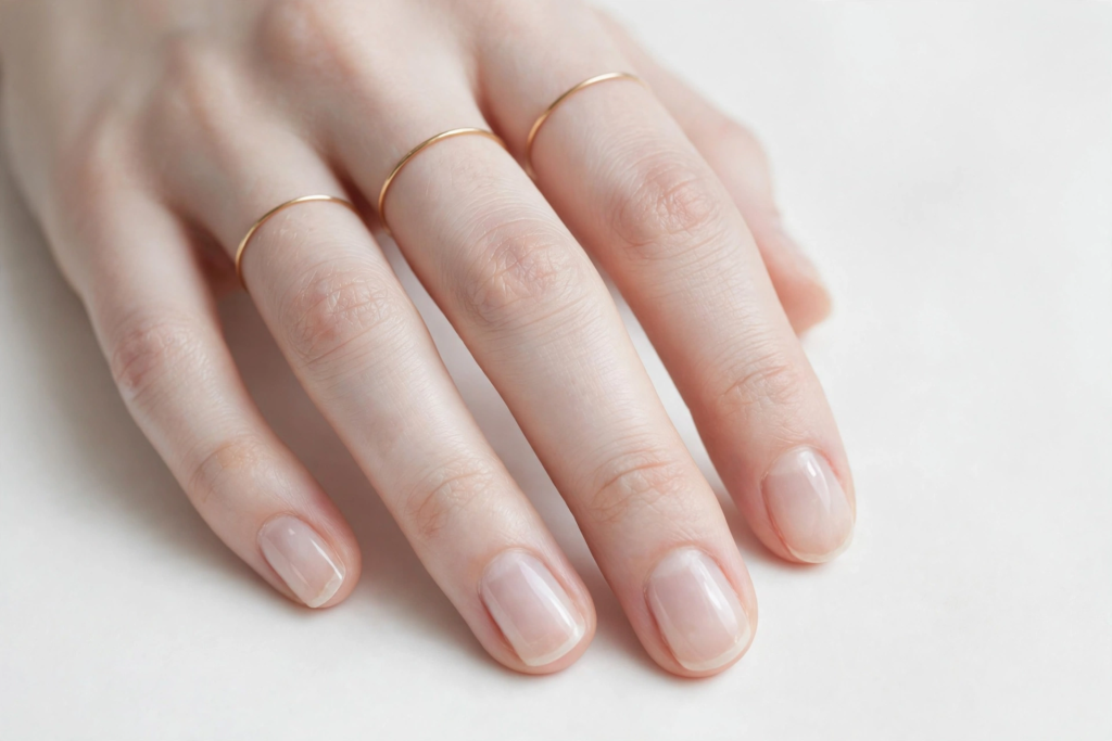 Short nail inspo 2026 showing clean sheer nude-pink manicured nails with glossy finish and delicate thin gold rings.   