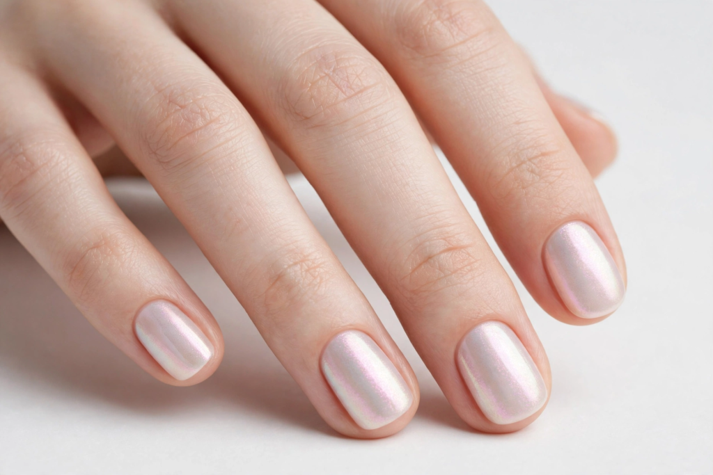 Short nail inspo 2026 showcasing pearlescent glazed donut nails with iridescent pink chrome sheen on rounded-square nails.   
