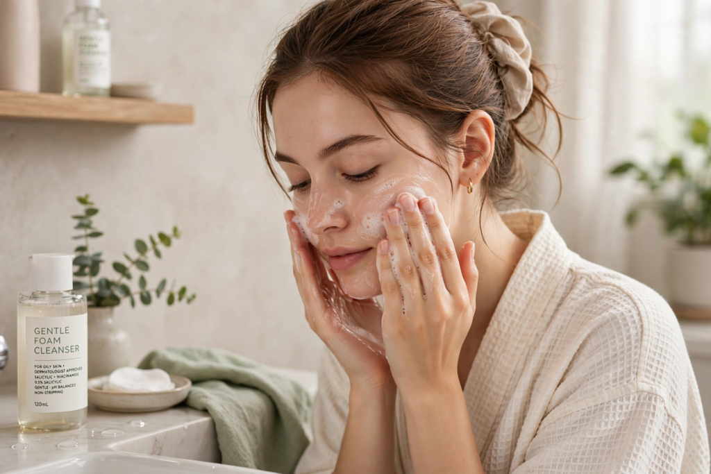 Woman washing her face with a foaming cleanser as part of beauty hacks for oily skin.