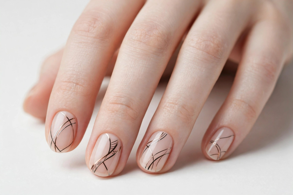 Short nail inspo 2026 showing delicate metallic bronze curved linework over sheer nude glossy rounded nails.   