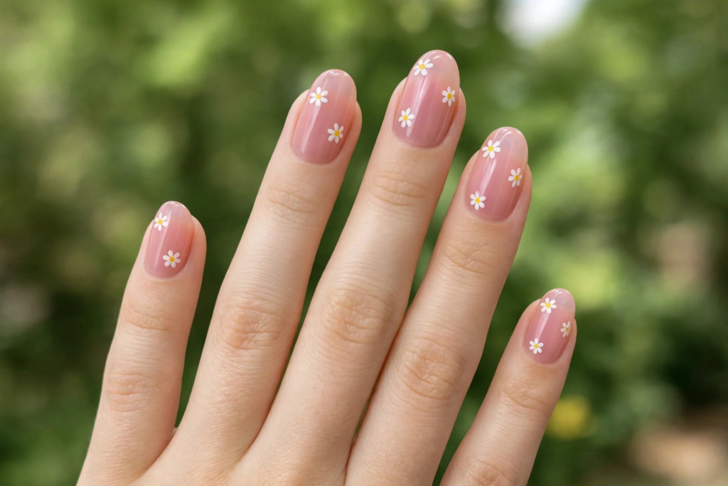 Short nail inspo 2026 showing delicate white daisy floral art on sheer jelly pink oval nails against an outdoor green backdrop.   
