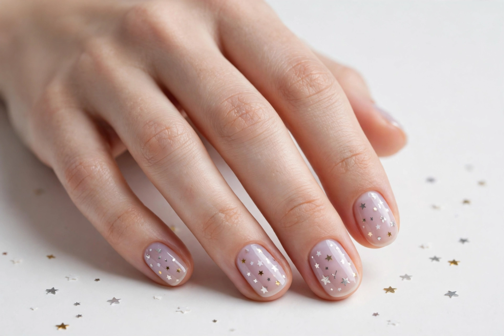 Short nail inspo 2026 showing delicate silver and gold star glitter sequins over sheer milky lavender-pink rounded nails.   