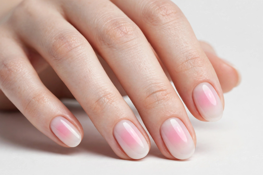 Short nail inspo 2026 showing trendy Korean blush aura nail art with soft pink center gradients on milky white oval nails.   