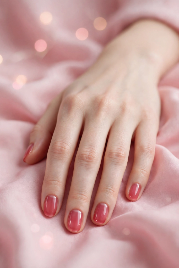 Short nail inspo 2026 showing glossy translucent berry pink jelly nails on neatly manicured rounded cuticles.   